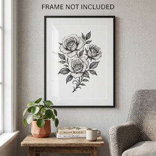 Poster Rosas Botânicas Elegantes em Preto e Branco