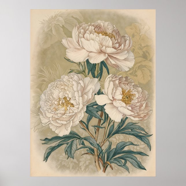 Poster Rosas brancas Arte de muros botânicos de peony (Frente)