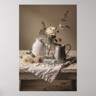 Poster Rosas Brancas e Jarro Antigo Natureza Morta