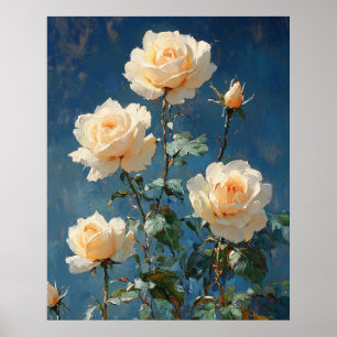 Poster Rosas Brancas em Fundo Azul-Marinho