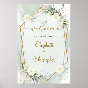 Poster Rosas brancas Eucalipto Dourado Geométrico