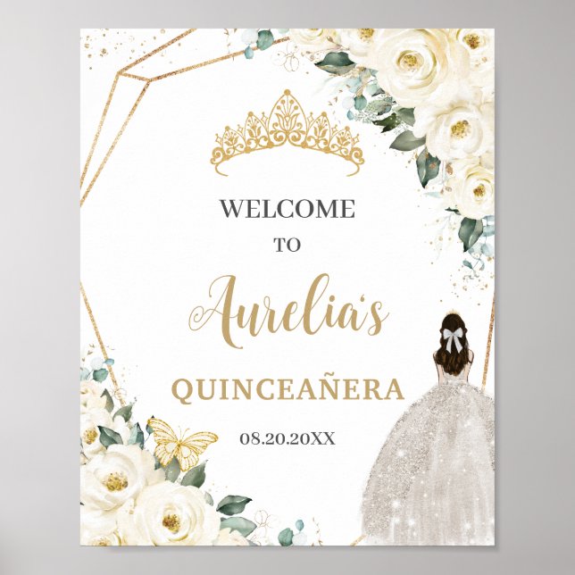Poster Rosas Brancas Florais Quinceañera Bem-vinda aos 15 (Frente)