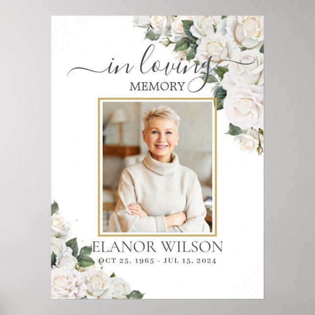 Poster Rosas Brancas Floral Funeral Memorial Imagem Foto (Frente)