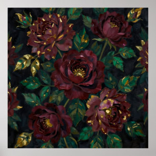 Poster Rosas Burgundy de Luxo Folhas Florais a Ouro