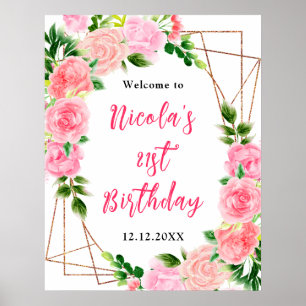 Poster Rosas Cor-de-Rosa com Boas-Vindas de Aniversário d
