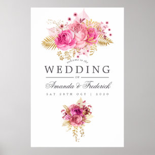 Poster Rosas cor-de-rosa e Dourados Casamento de Aquarela