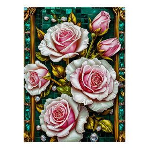 Pôster Rosas Cor-de-Rosa Elegantes em um Ouro Luxuoso