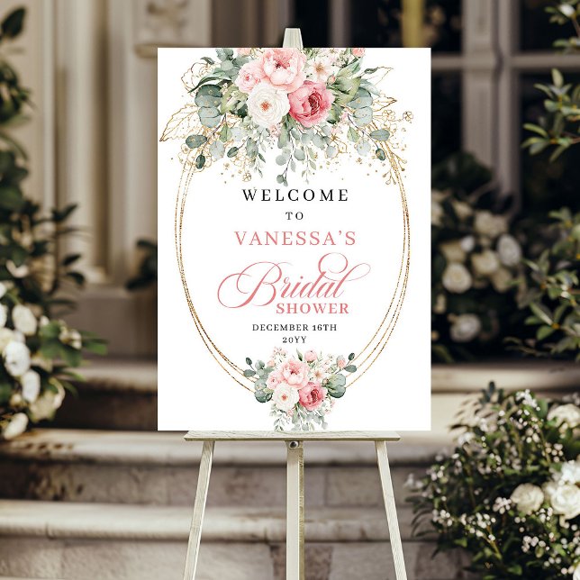 Poster Rosas cor-de-rosa românticas douradas chá revelaçã (Romantic blush roses gold boho bridal shower welcome sign

)