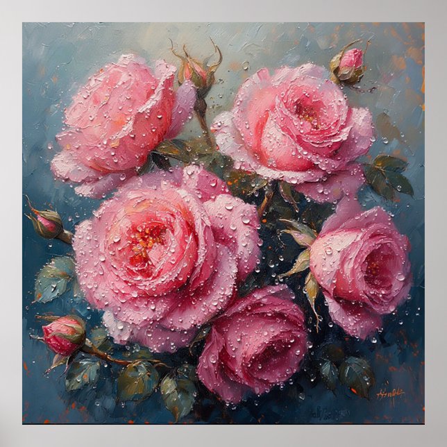 Poster Rosas Cor-de-Rosa Vibrantes com Pintura a Óleo do  (Frente)