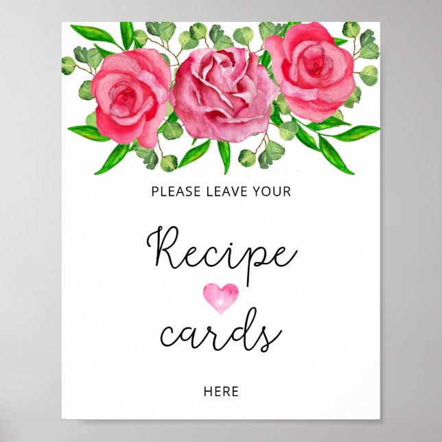 Poster Rosas de aquarela deixam seu cartão de receita aqu (Frente)