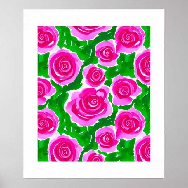 Poster Rosas de Aquarela Rosa Fuchsia (Frente)