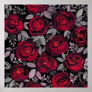 Poster rosas de aquarela, rosas vermelhas a preto