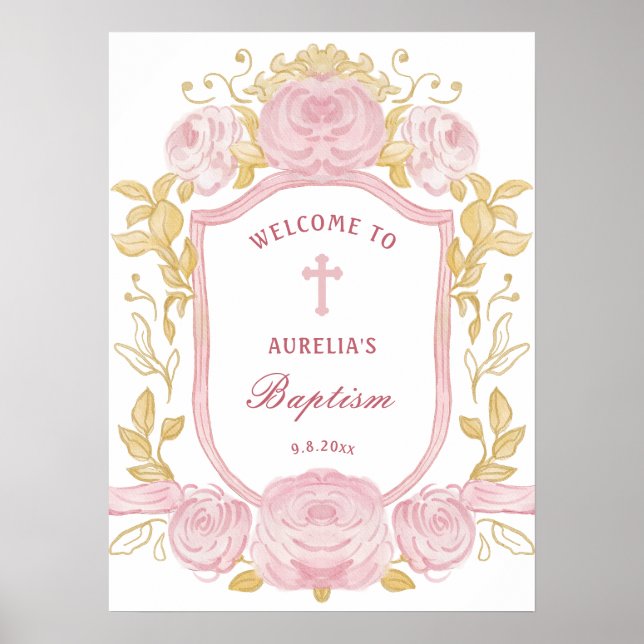 Poster Rosas de Aquarelas Crest Baptism Bem-vindo (Frente)