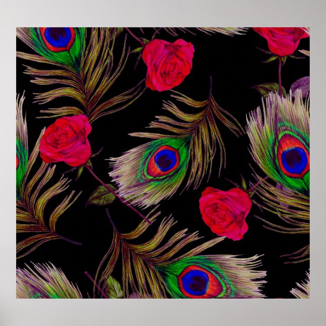 Poster Rosas de aquarelas, penas de pavão, decoração. (Frente)