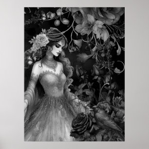 Poster Rosas de beleza monocromática escura e requintada