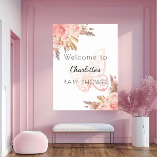 Poster rosas de borboletas cor-de-rosa chá de fraldas pam