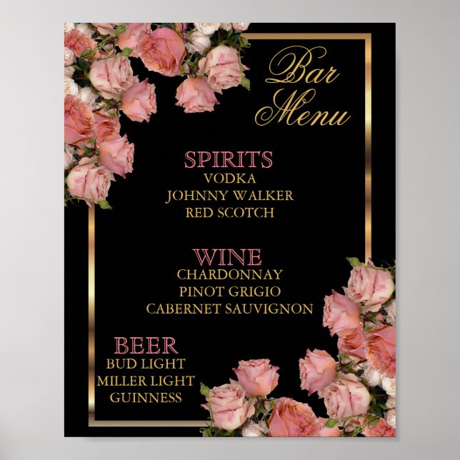 Poster Rosas de Casamento Rosa Elegante - Menu Bar (Frente)
