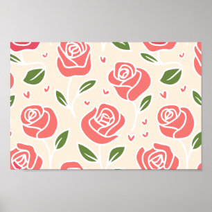 Poster Rosas de coral e folhas verdes com sotaque cardíac