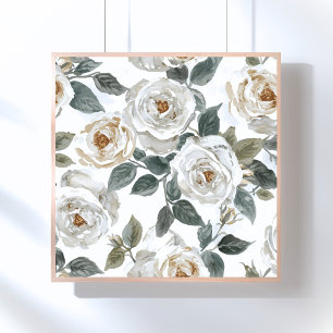 Poster Rosas de Jardim Floral Vintage em Aquarela Branc