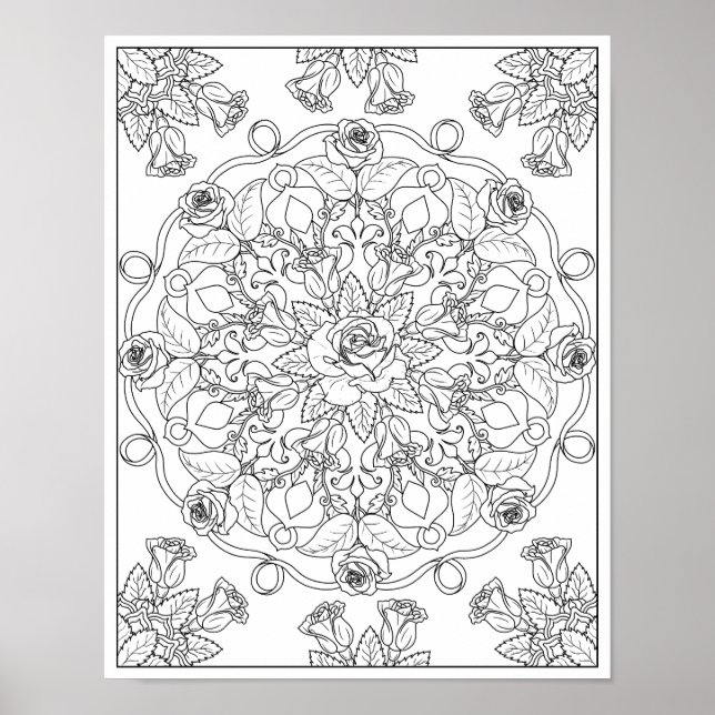 Poster Rosas de Mandala para Coloração de Adultos (Frente)