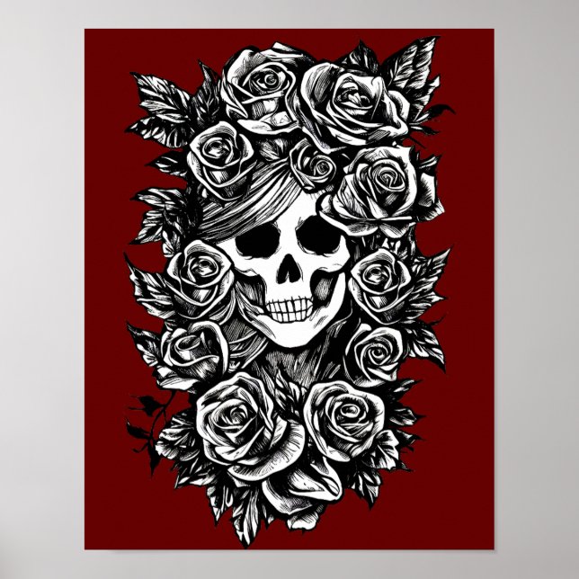 Poster Rosas do crânio Gótico tinta original Arte (Frente)