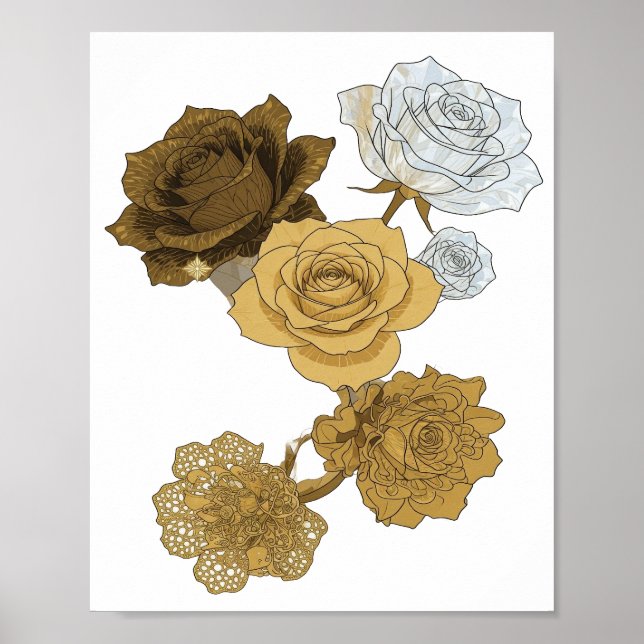 Poster Rosas Douradas Cinza Frescas Arte de Texto 3D (Frente)