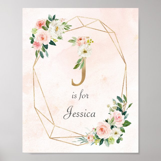 Poster Rosas Douradas e rosa Nome do bebê Monograma (Frente)