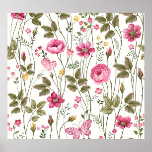 Poster Rosas e Borboletas: Floral sem costura