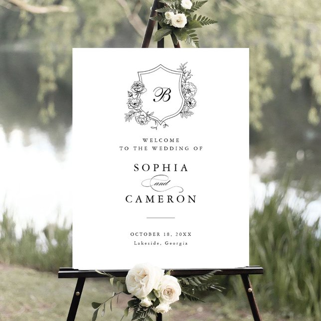 Poster Rosas Elegantes Florais Monograma Crest Sinal de B (Criador carregado)