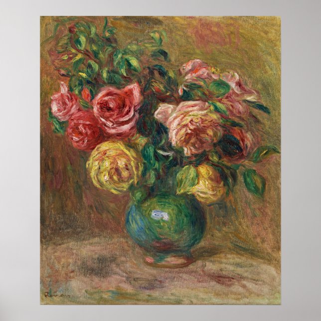 Poster Rosas em um Vaso Verde por Pierre-Auguste Renoir (Frente)