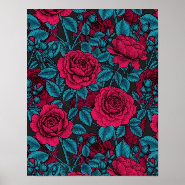 Poster Rosas em vermelho e azul (Frente)