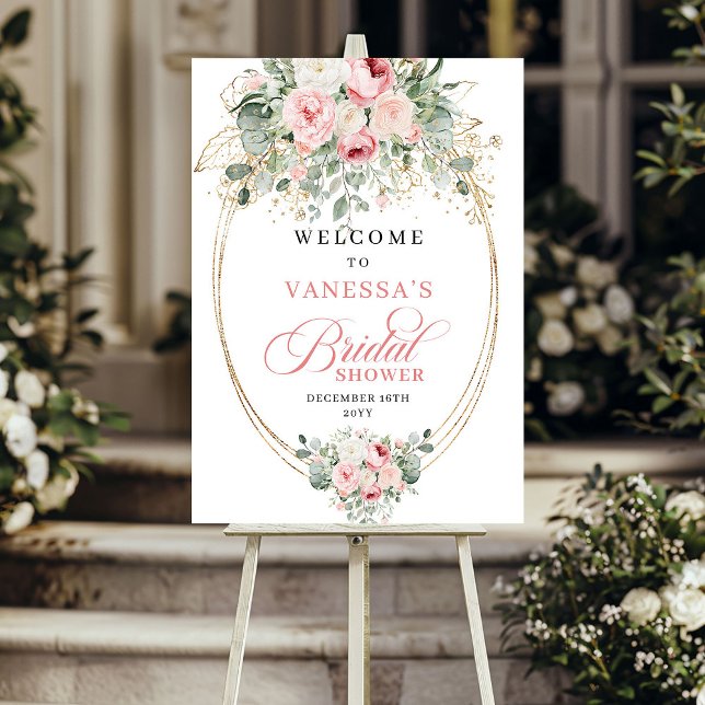 Poster Rosas Eucalipto Dourado Chá de Noiva Rústico (Rustic Blush Roses Eucalyptus Gold Bridal Shower Welcome)