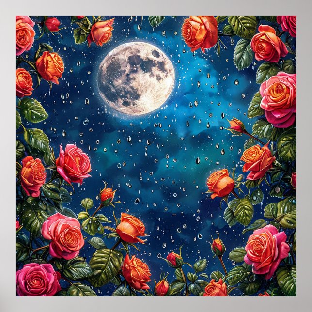 Poster Rosas Exuberantes Enquadrando uma Lua Cheia em uma (Frente)