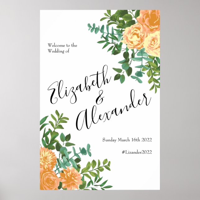 Poster Rosas Florais Clássicas de Casamento Peach (Frente)