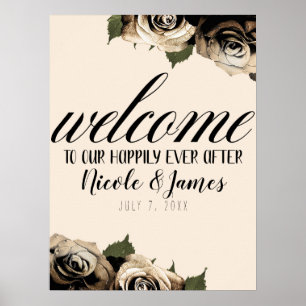 Poster Rosas Florais Glamour Dourado Casamento Elegante M