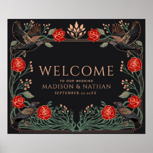 Poster Rosas Góticas Encantadas Corvo Casamento Bem-vindo