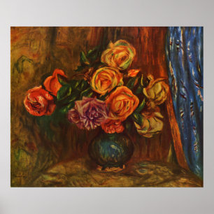 Poster Rosas Impressionistas de Renoir em Vaso Azul-escur