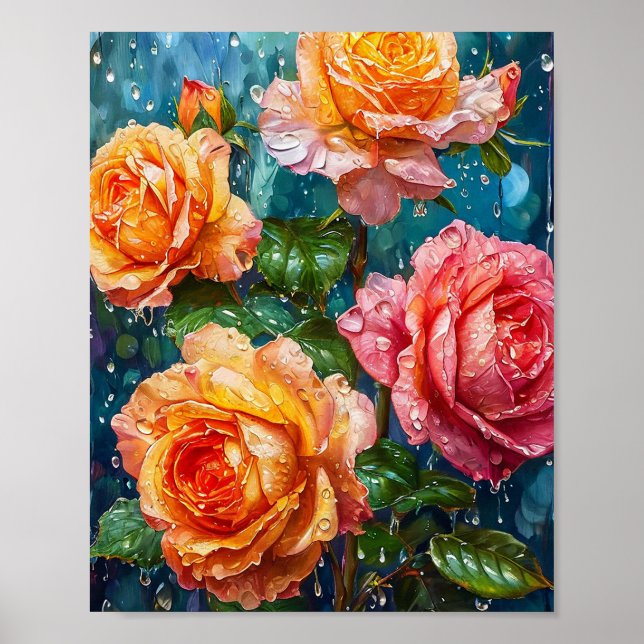 Poster Rosas Laranja Brilhantes com Gotículas de Orvalho (Frente)