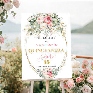 Poster Rosas Modernas Bege Dourado Boas-Vindas Quinceañer
