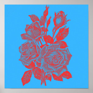 Poster Rosas Neon Pop-Art: Gravura Vermelha Vibrante