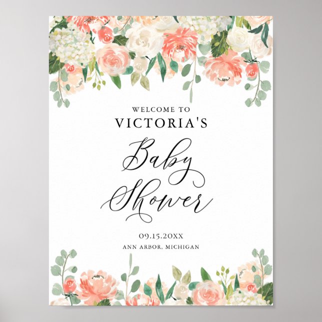 Poster Rosas Peach e Chá de fraldas Hydrangeas Bem-vindo (Frente)