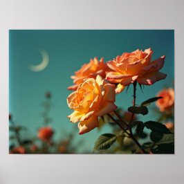 Poster Rosas Peachy Vintage sob o Céu de Lua Crescente Az