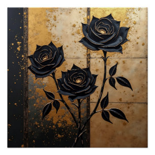 Pôster Rosas Pretas em Dourado: Elegância Sombria