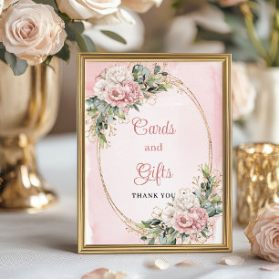 Poster Rosas Românticas em Dourado Floral Eucalipto Cartõ