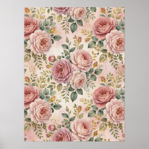 Poster Rosas Rosa Empoeirada Charme Elegante Verde Salvia
