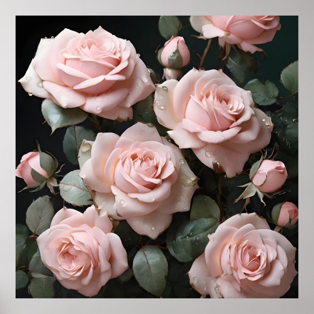 Poster Rosas Rosa Pastel com Folhas Verdes Escuras (Frente)