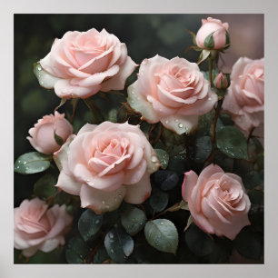 Poster Rosas Rosa Pastel com Folhas Verdes Escuras