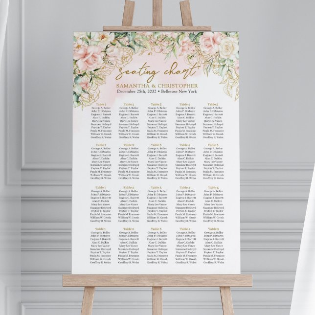 Poster Rosas rosadas e suaves, de ouro verde 20 mesas (20 tables elegant Boho blush floral gold frame wedding seating chart poster)