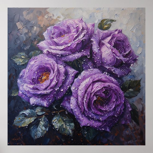 Poster Rosas Roxas Vibrantes com Pintura a Óleo do Orvalh (Frente)
