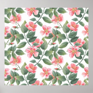Poster Rosas Selvagens Aquarela Floral Sem Costura